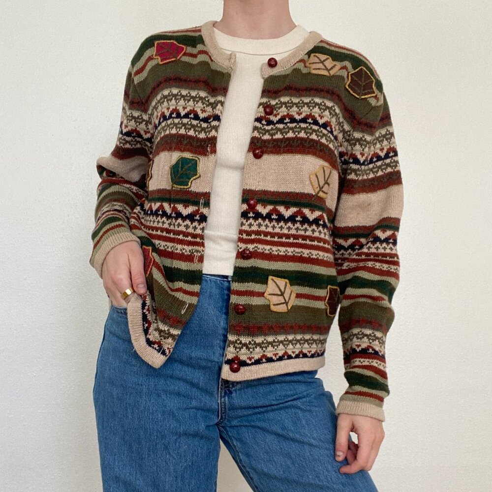 Vintage Dress Barn Textured Knit Autumnal Leaf Cardigan Olive Green Cream Medium